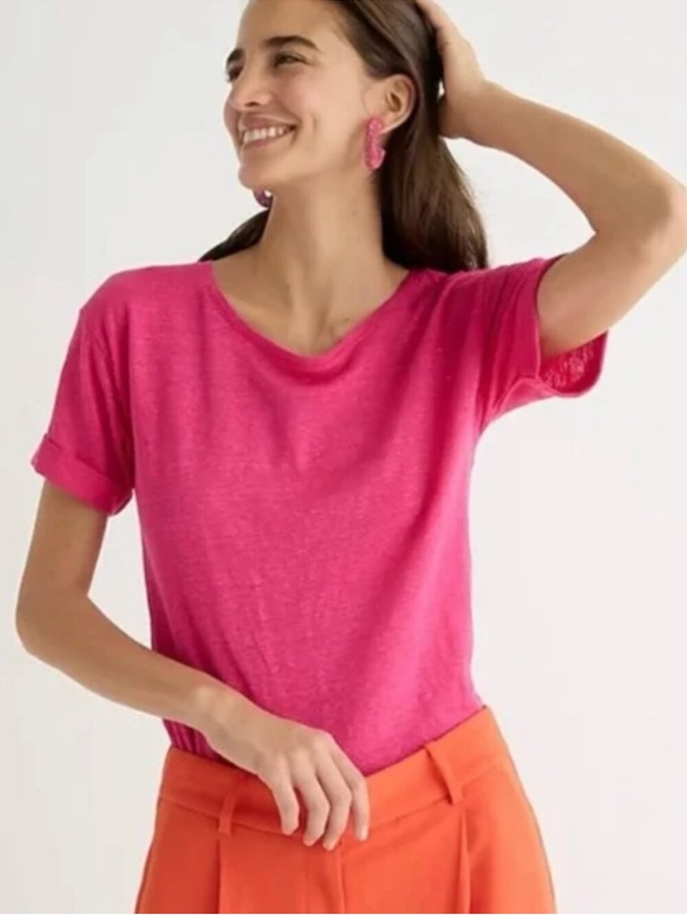 J.Crew Linen Rolled-Cuff T-Shirt in Bright Dahlia (Raspberry) Size M